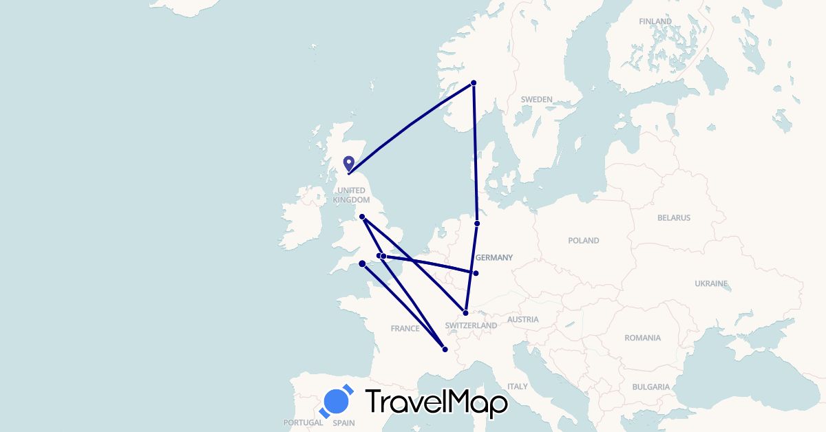 TravelMap itinerary: driving in Germany, France, United Kingdom, Norway (Europe)